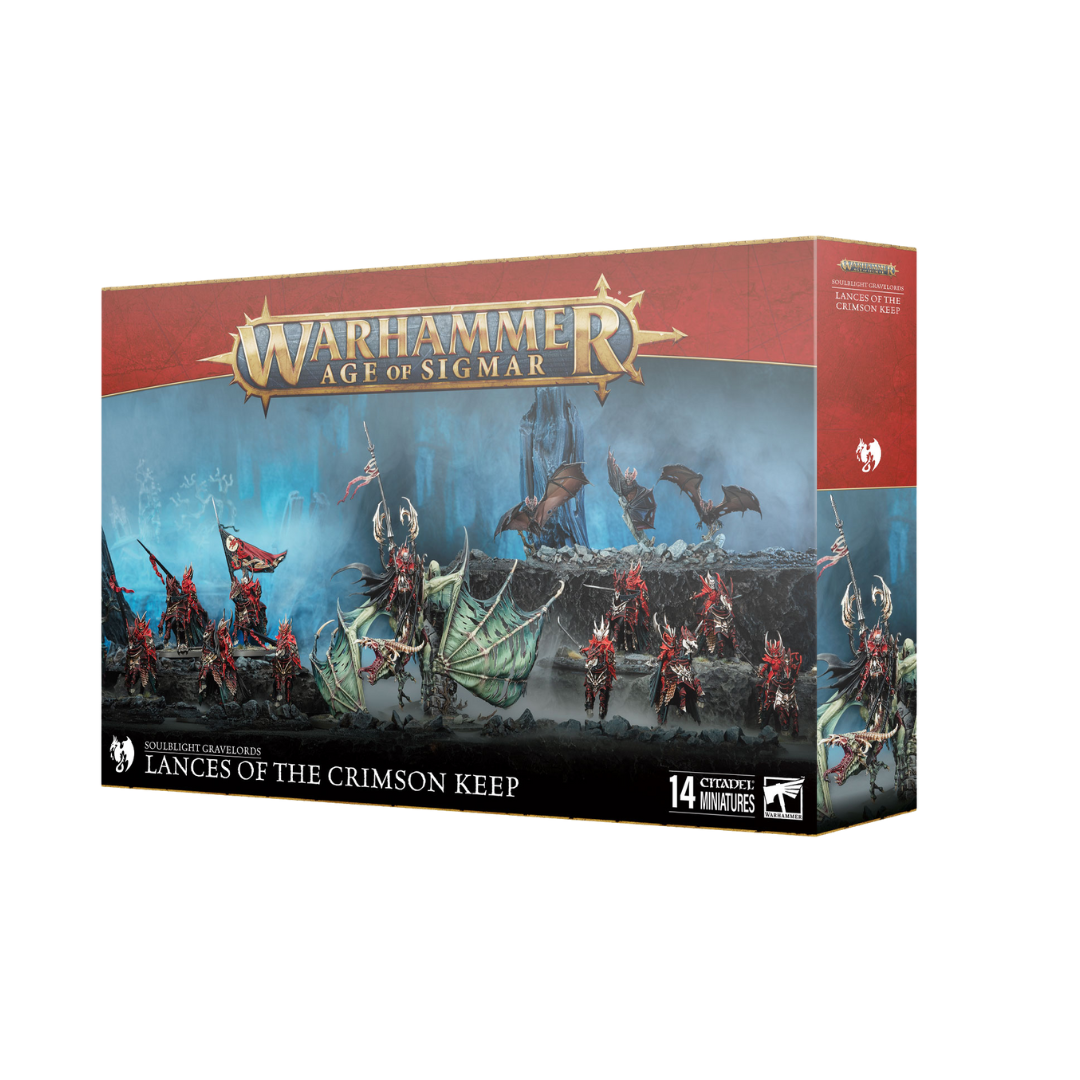 Box art of the Warhammer Age of Sigmar Soulblight Gravelords Lances of the Crimson Keep Battleforce featuring Blood Knights and Prince Vhordrai
