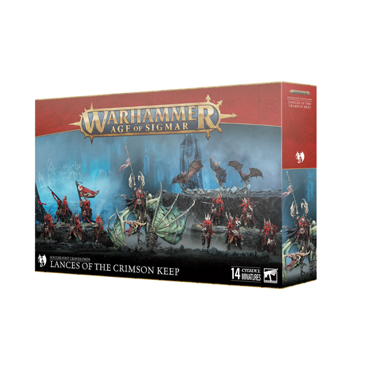 Box art of the Warhammer Age of Sigmar Soulblight Gravelords Lances of the Crimson Keep Battleforce featuring Blood Knights and Prince Vhordrai