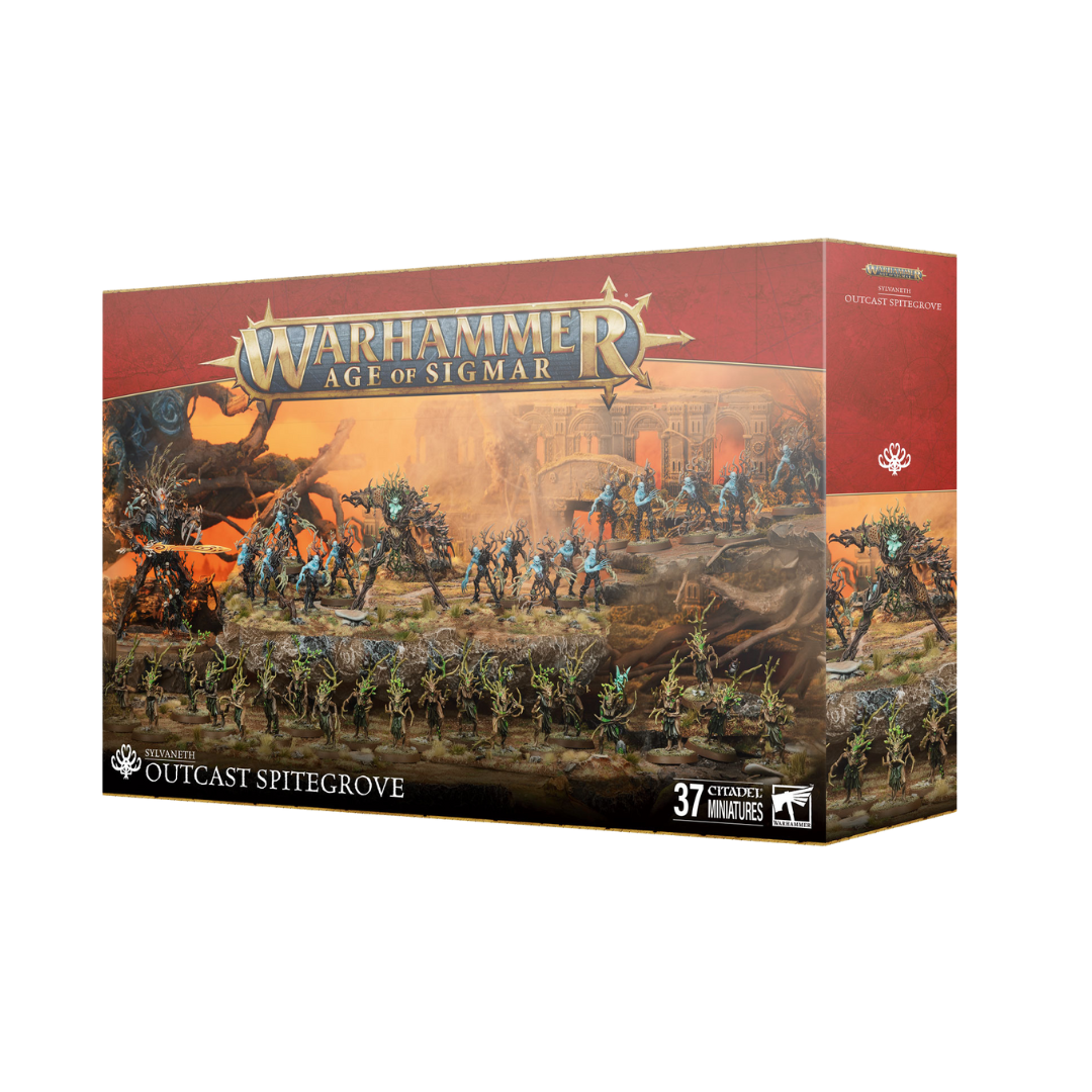 Box art of the Warhammer Age of Sigmar Sylvaneth Outcast Spitegrove Battleforce featuring Drycha, Dryads, and Revenants