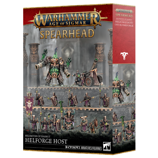 Warhammer Age of Sigmar Helsmiths of Hashut Helforge Host Spearhead box art and assembled miniatures