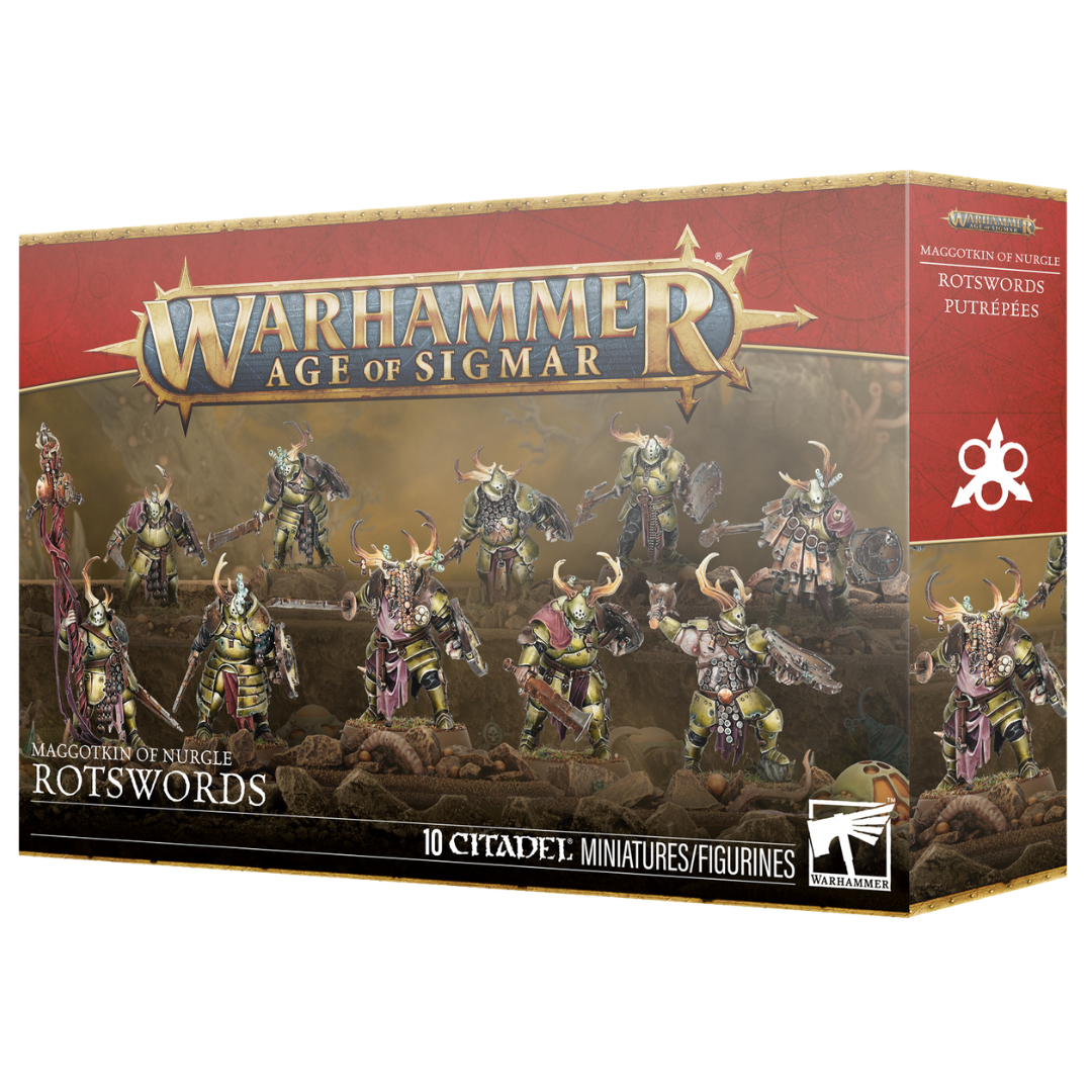 Warhammer Age of Sigmar Maggotkin of Nurgle Rotswords box art and assembled miniatures