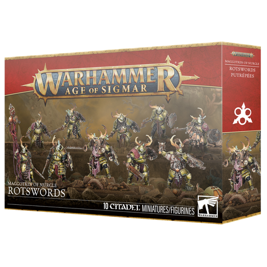Warhammer Age of Sigmar Maggotkin of Nurgle Rotswords box art and assembled miniatures