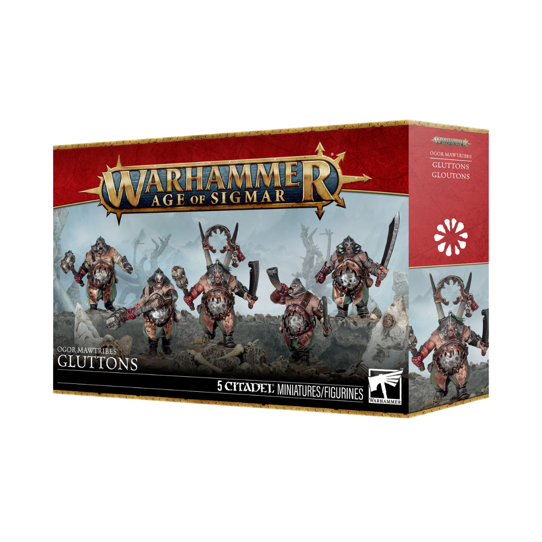 Warhammer Age of Sigmar Ogor Mawtribes Gluttons five-model Citadel miniature kit with weapon options.