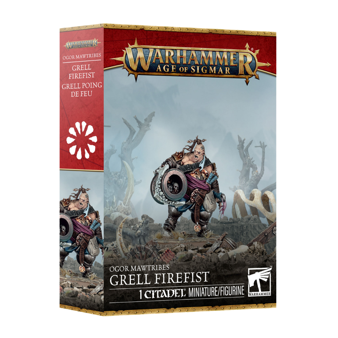 Warhammer Age of Sigmar Ogor Mawtribes Grell Firefist Citadel miniature with Blastbelch cannon.