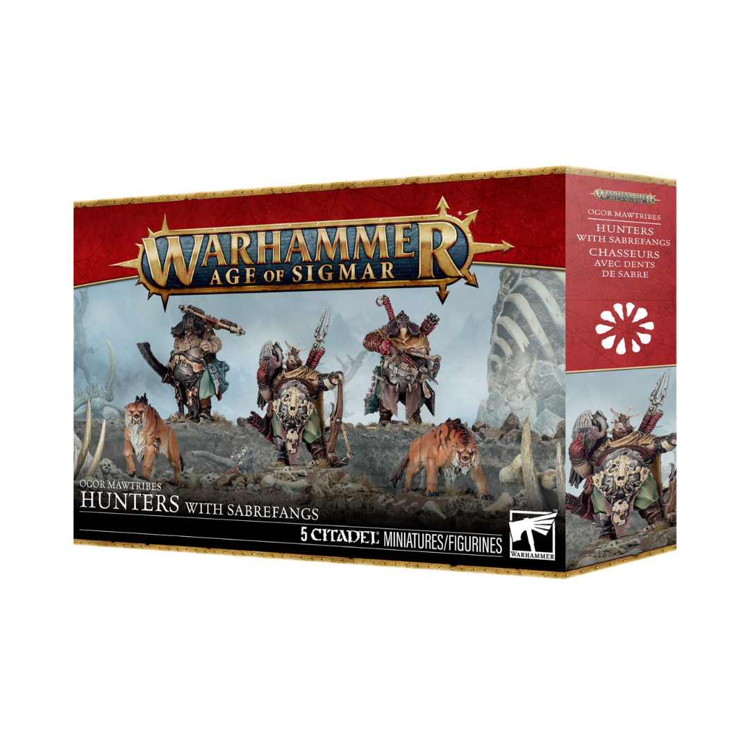 Warhammer Age of Sigmar Ogor Mawtribes Hunters with Sabrefangs five-model Citadel miniature kit.
