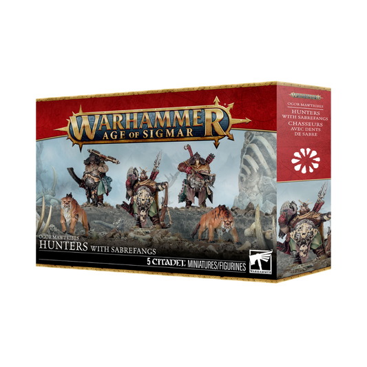 Warhammer Age of Sigmar Ogor Mawtribes Hunters with Sabrefangs five-model Citadel miniature kit.