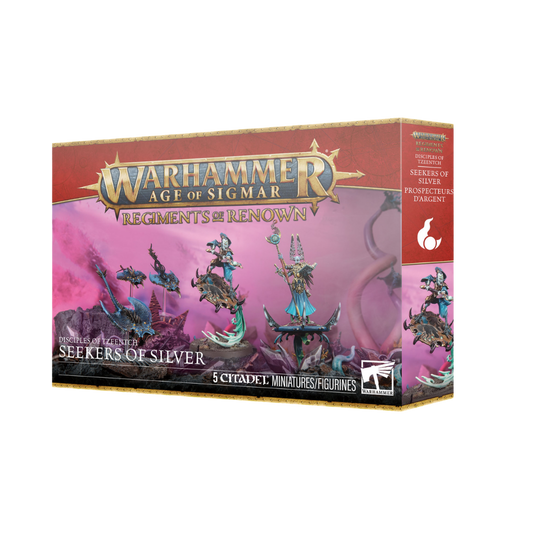 Warhammer Age of Sigmar Regiments of Renown Disciples of Tzeentch Seekers of Silver box art showing Gaunt Summoner, Magister, and Screamers