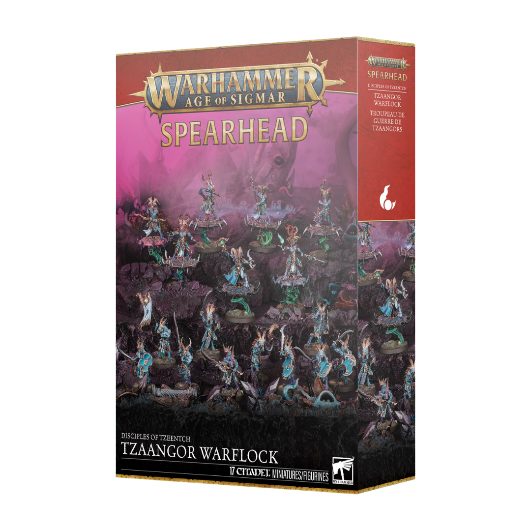 Warhammer Age of Sigmar Spearhead Disciples of Tzeentch Tzaangor Warflock box art showing Tzaangors and Disc mounted units