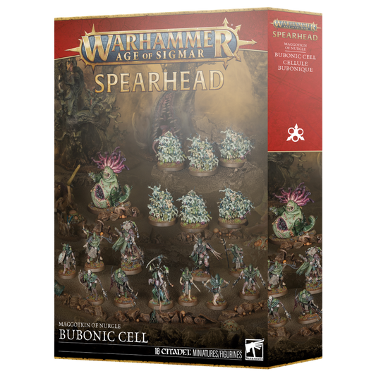 Warhammer Age of Sigmar Spearhead Maggotkin of Nurgle Bubonic Cell box art and assembled miniatures