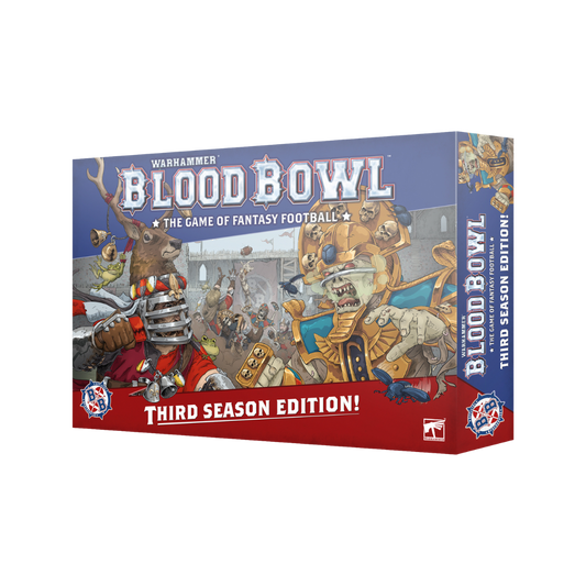 Warhammer Blood Bowl Third Season Edition game set with pitch, teams, and rulebook displayed