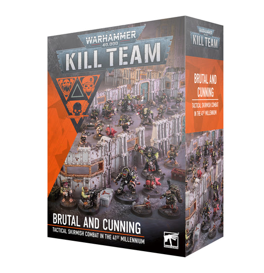 Warhammer 40k Kill Team Brutal and Cunning box set featuring two kill teams: Wrecka Krew with Orks and Bomb Squigs, and Ratlings with Battlemutt and Fixer. Includes terrain upgrades, mission pack, datacards, tokens, and Ork transfer sheet. Perfect for your Warhammer 40k Kill Team battles and Volkus Compound Siege missions.