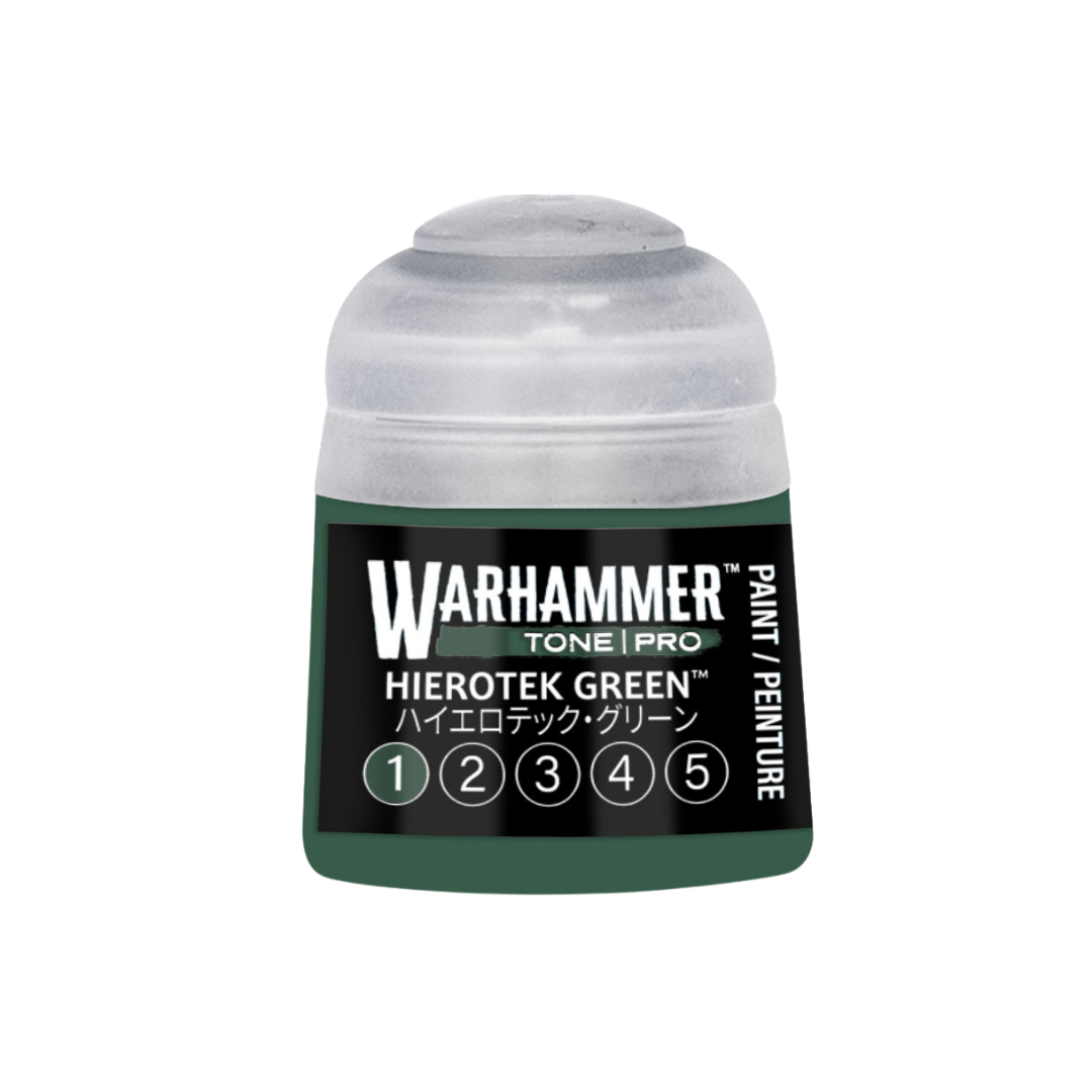 Warhammer Tone Pro Hierotek Green 12 ml miniature paints in five coordinated tones from dark to light.