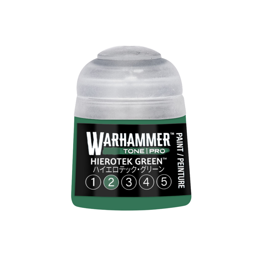 Warhammer Tone Pro Hierotek Green 12 ml miniature paints in five coordinated tones from dark to light.