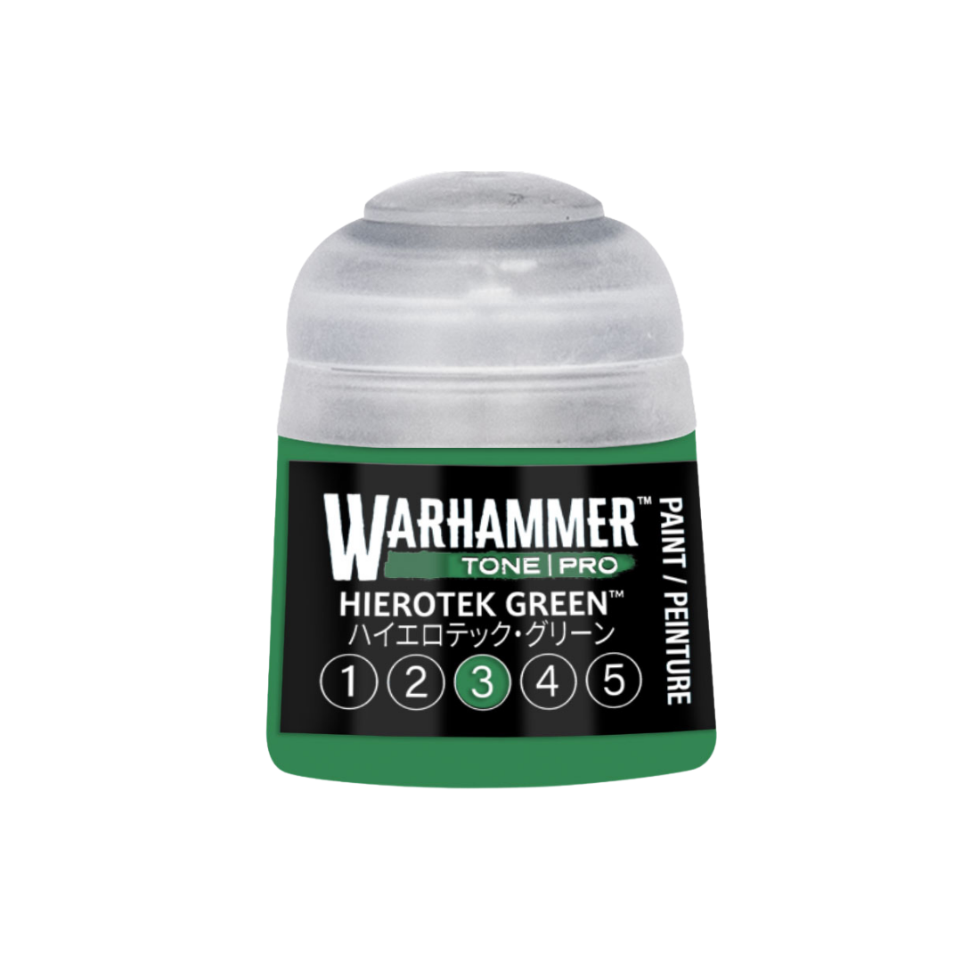 Warhammer Tone Pro Hierotek Green 12 ml miniature paints in five coordinated tones from dark to light.