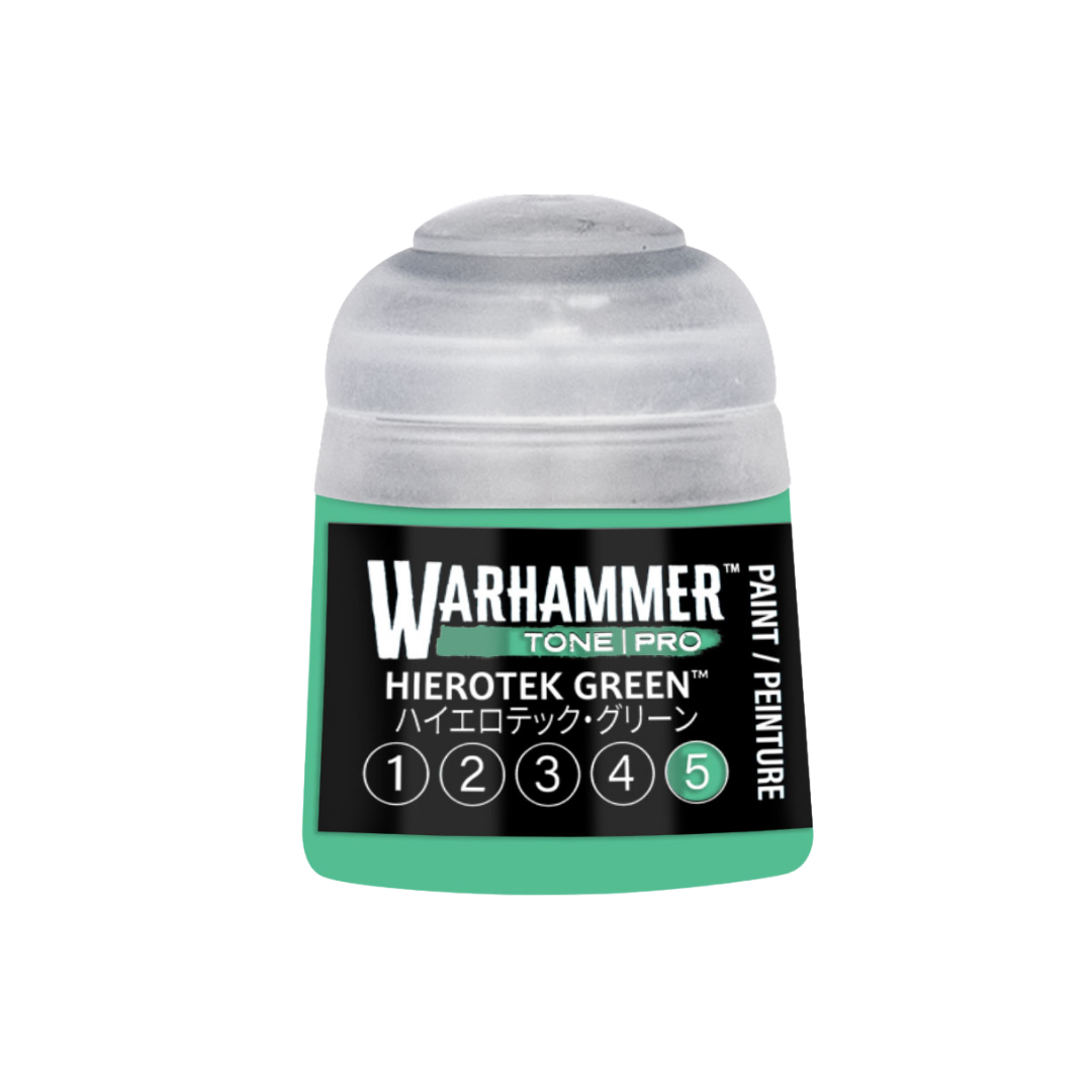 Warhammer Tone Pro Hierotek Green 12 ml miniature paints in five coordinated tones from dark to light.