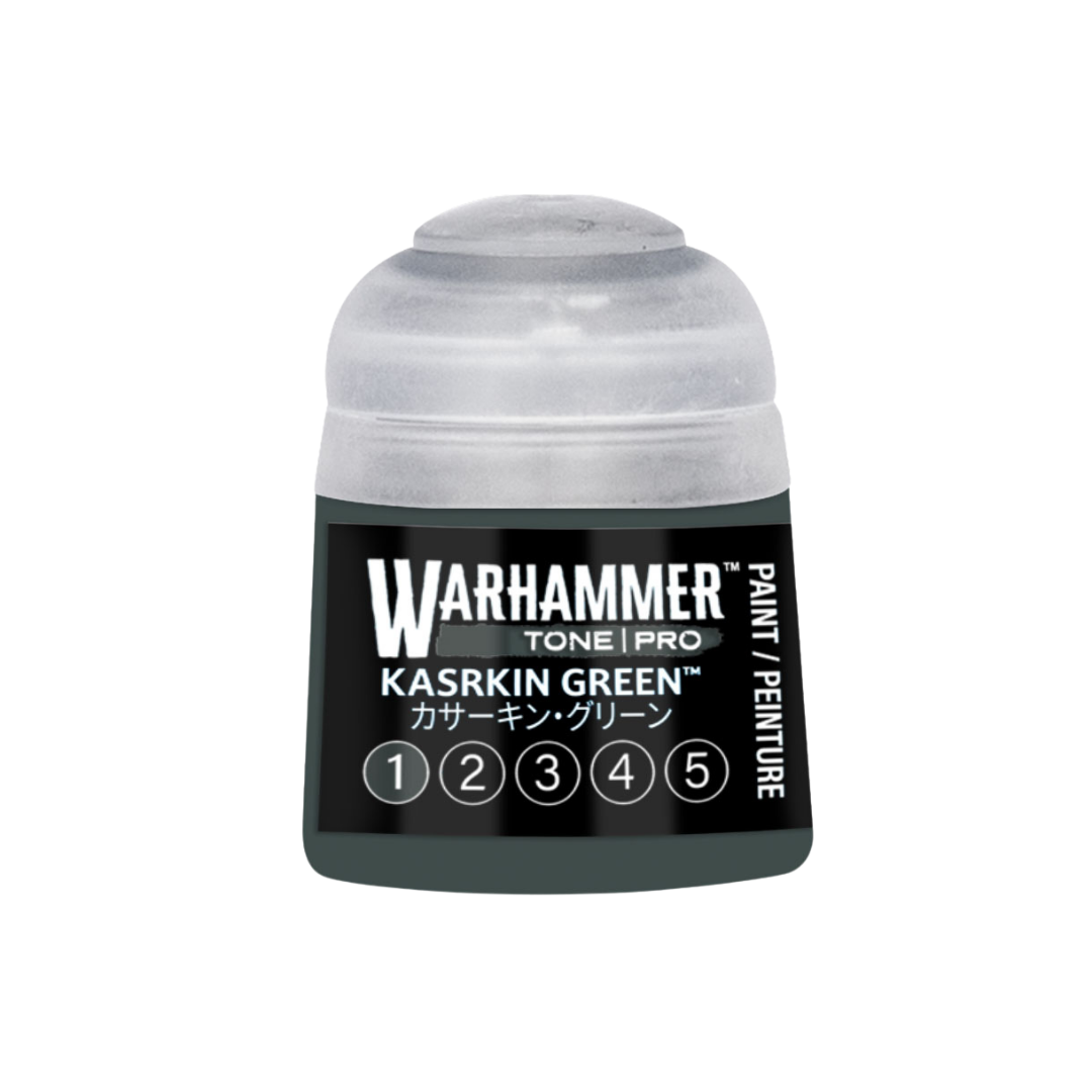 Warhammer Tone Pro Kasrkin Green 12 ml miniature paints in five coordinated tones from dark to light.