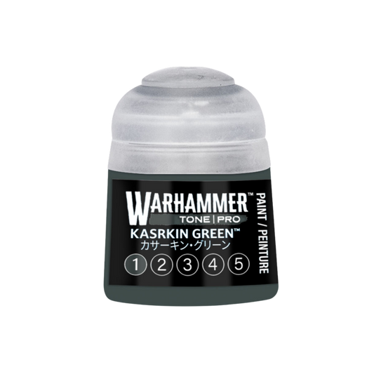 Warhammer Tone Pro Kasrkin Green 12 ml miniature paints in five coordinated tones from dark to light.