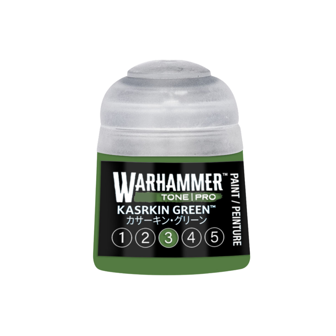 Warhammer Tone Pro Kasrkin Green 12 ml miniature paints in five coordinated tones from dark to light.