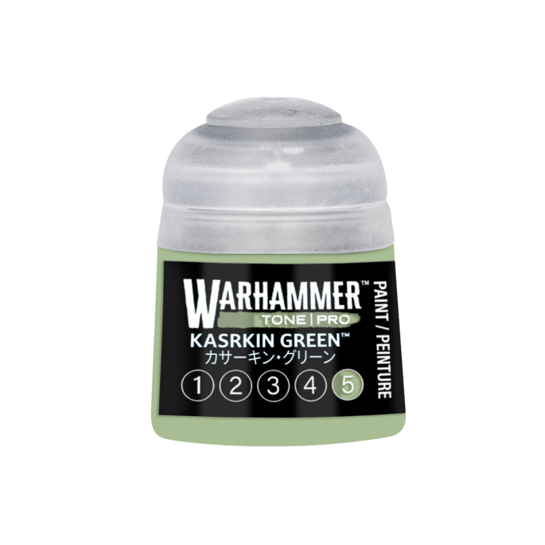 Warhammer Tone Pro Kasrkin Green 12 ml miniature paints in five coordinated tones from dark to light.