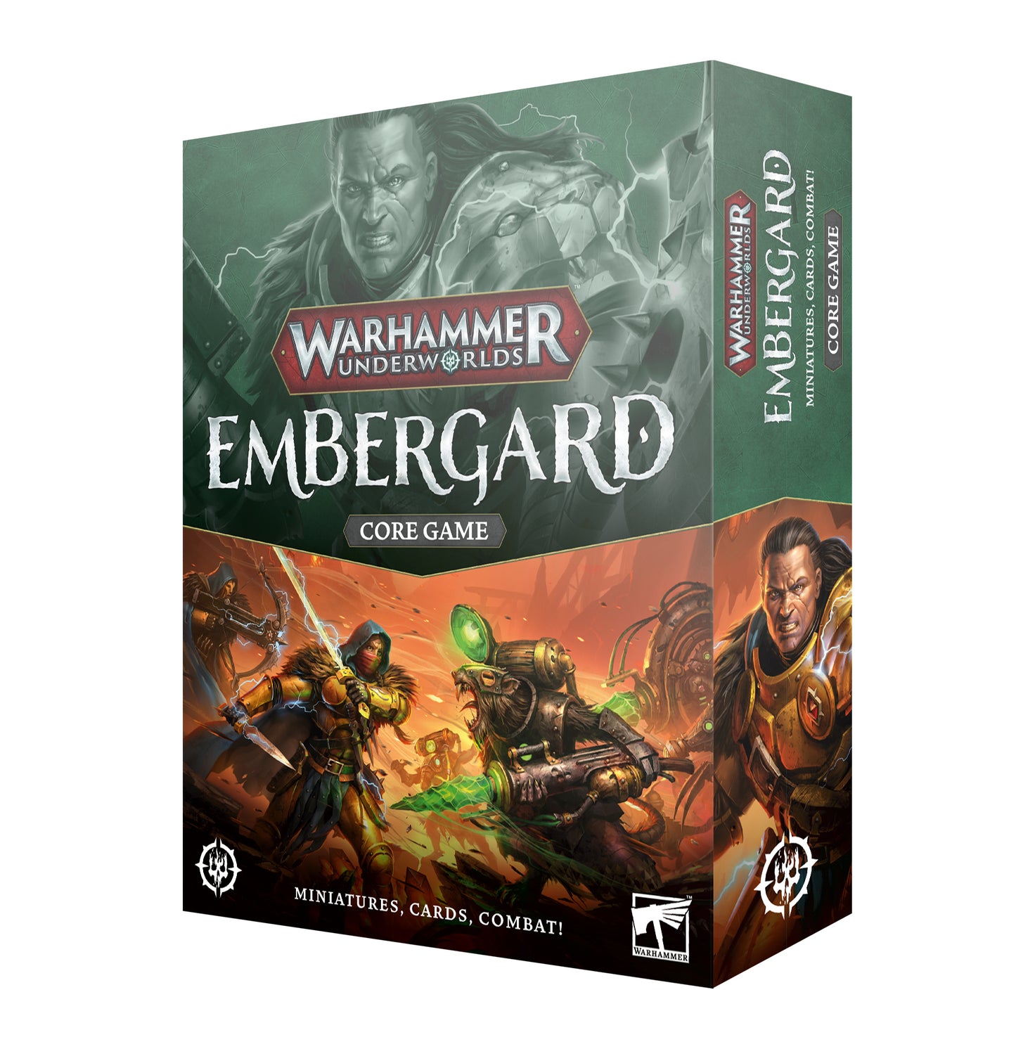 Warhammer Underworlds core box set with Emberwatch and Zikkit’s Tunnelpack miniatures, game board, decks, dice, and rulebook for competitive skirmish battles.