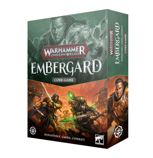Warhammer Underworlds core box set with Emberwatch and Zikkit’s Tunnelpack miniatures, game board, decks, dice, and rulebook for competitive skirmish battles.