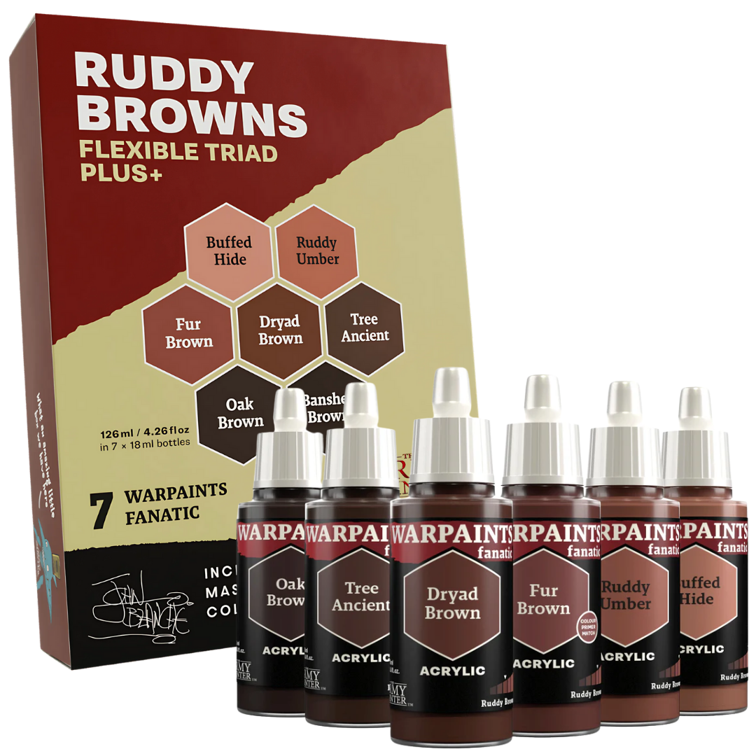 Warpaints Fanatic Flexible Triad Plus Ruddy Browns acrylic paint set, seven 18 ml bottles