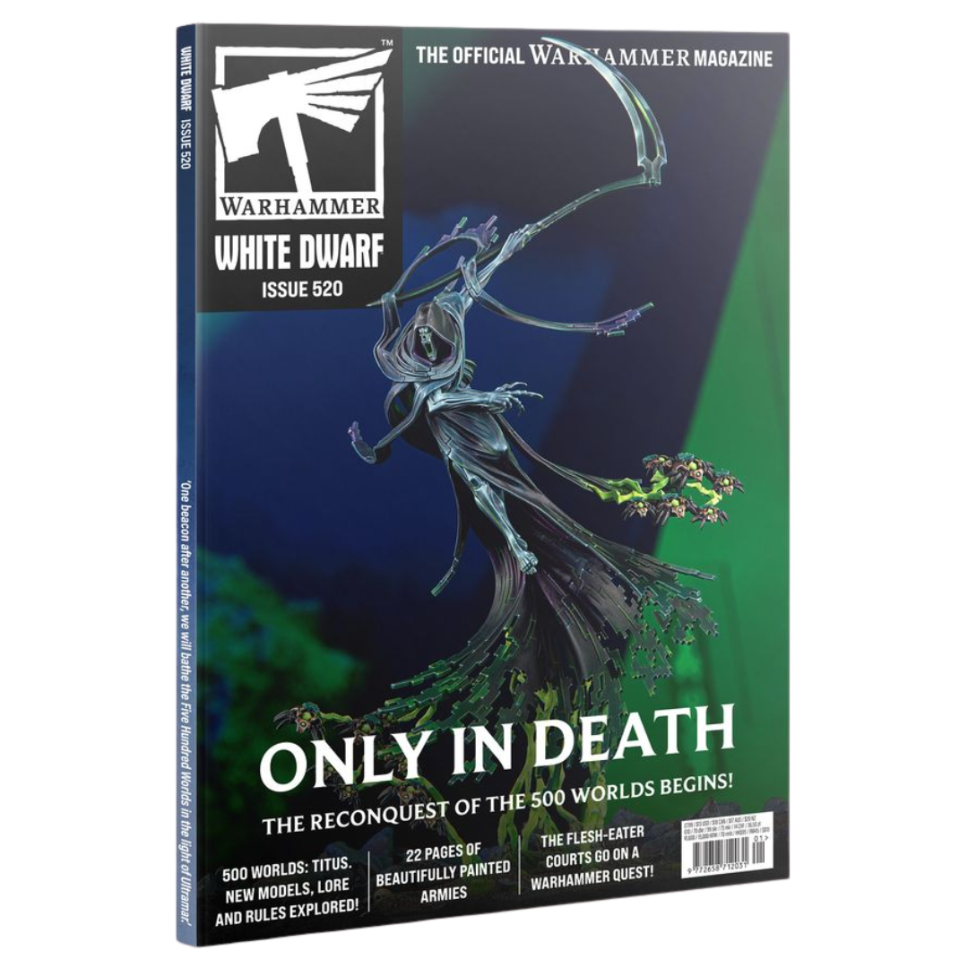Warhammer White Dwarf magazine cover with a fantasy character from the Necron army