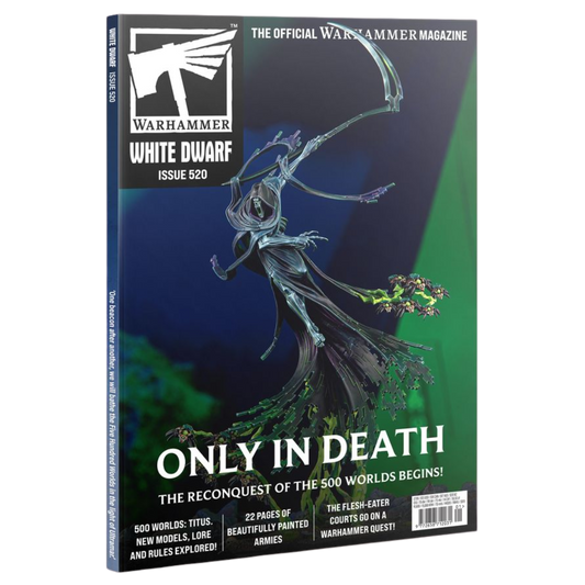 Warhammer White Dwarf magazine cover with a fantasy character from the Necron army