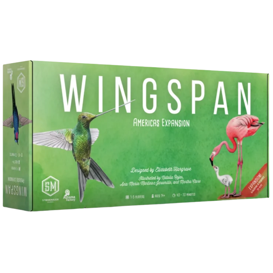 Wingspan Americas Expansion board game box featuring bird illustrations and official Stonemaier Games branding
