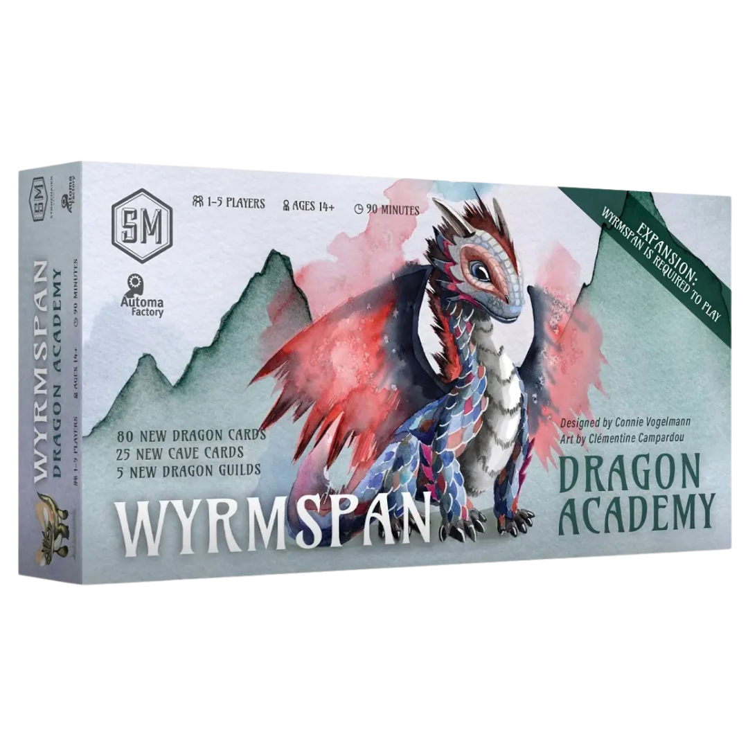 Wyrmspan Dragon Academy expansion box featuring illustrated fledgling dragon