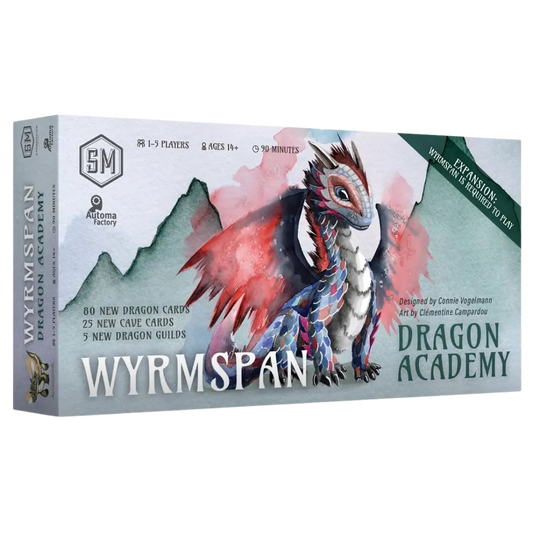 Wyrmspan Dragon Academy expansion box featuring illustrated fledgling dragon