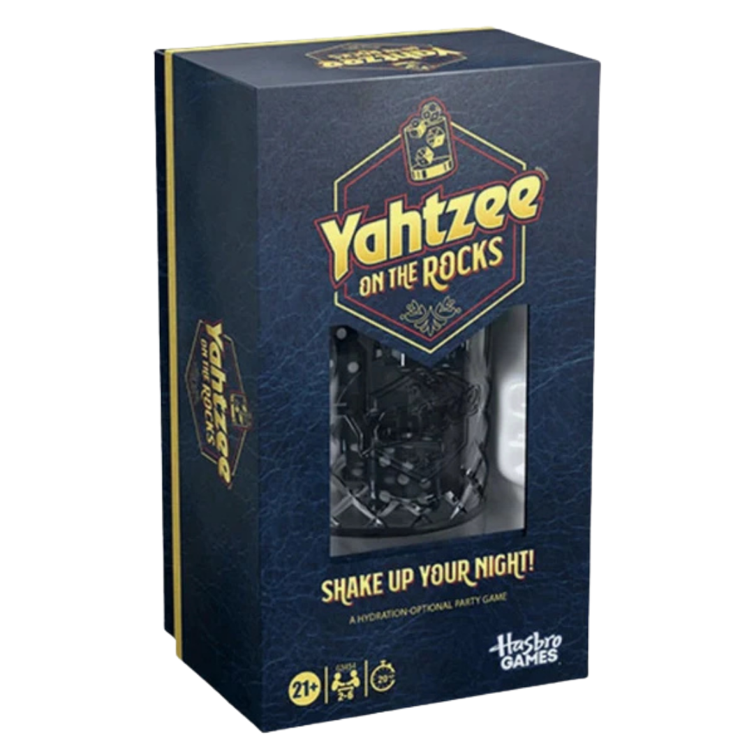 Yahtzee On The Rocks party dice game with shaker cup ice dice and coaster challenge cards