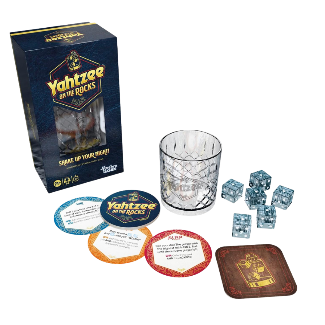 Yahtzee On The Rocks party dice game with shaker cup ice dice and coaster challenge cards