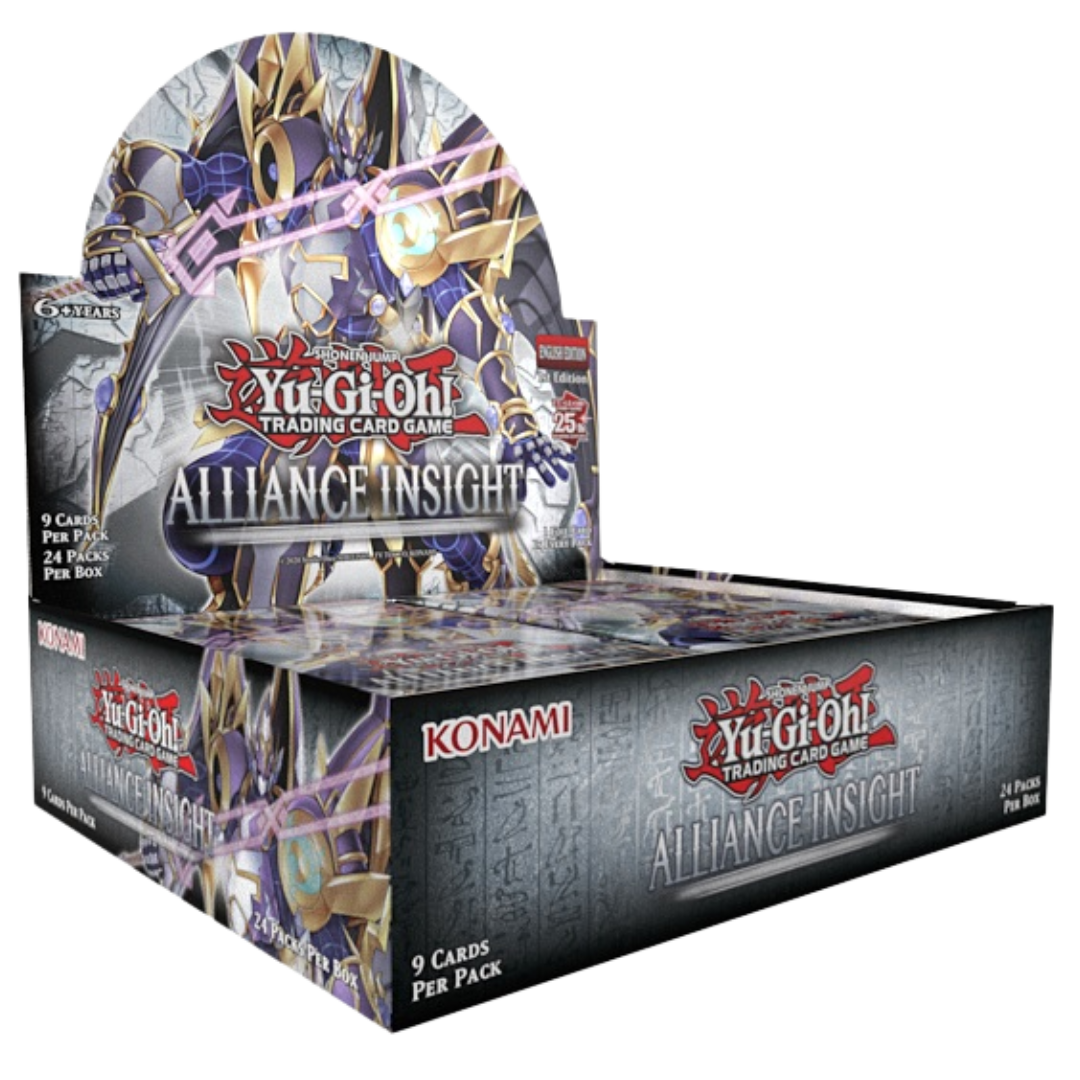 A booster box of Yu-Gi-Oh! Alliance Insight cards featuring metallic and silver design elements with text and card imagery.
