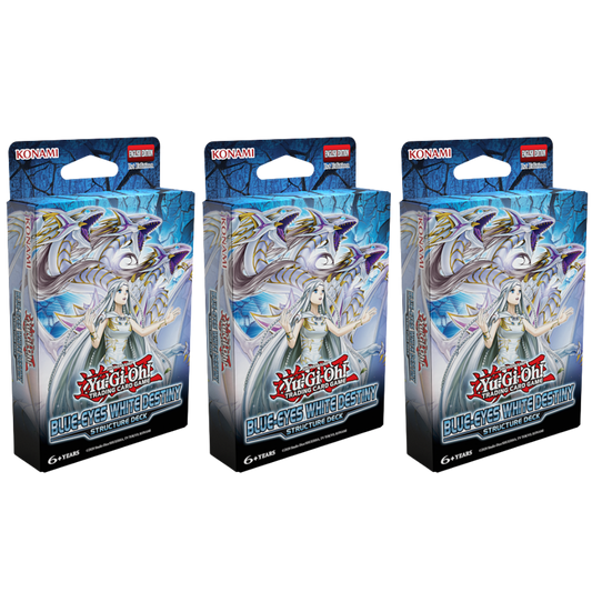 Three Yu-Gi-Oh Blue-Eyes White Destiny Structure Deck boxes featuring Blue-Eyes artwork