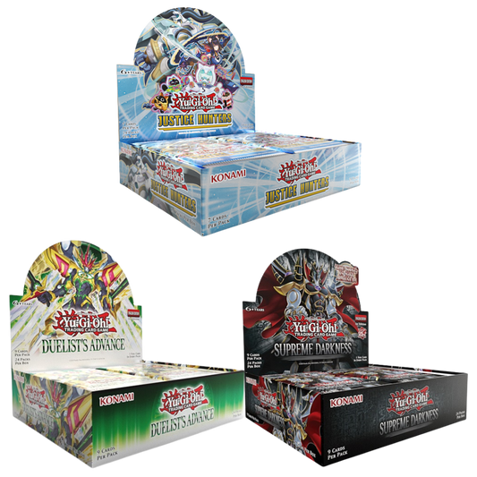 Yu-Gi-Oh Triple Threat Bundle featuring Justice Hunters, Supreme Darkness, and Duelist’s Advance booster displays