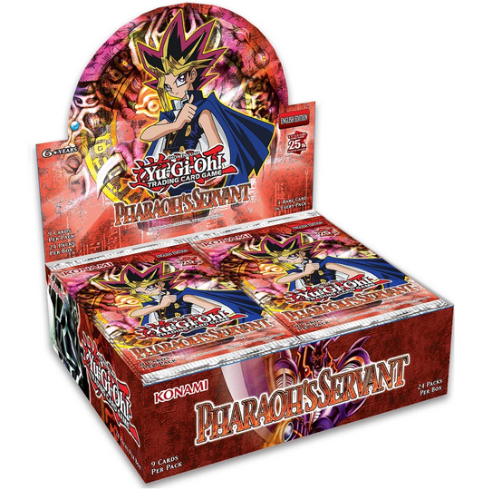 Yu‑Gi‑Oh 25th Anniversary Pharaoh’s Servant booster box with 24 foil packs and iconic classic cards