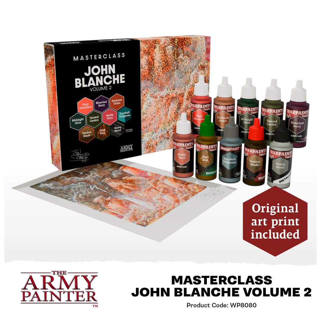 Army Painter Masterclass John Blanche Paint Set Volume 2 featuring 9 unique paints, a painting guide, and an exclusive gothic-style art print.