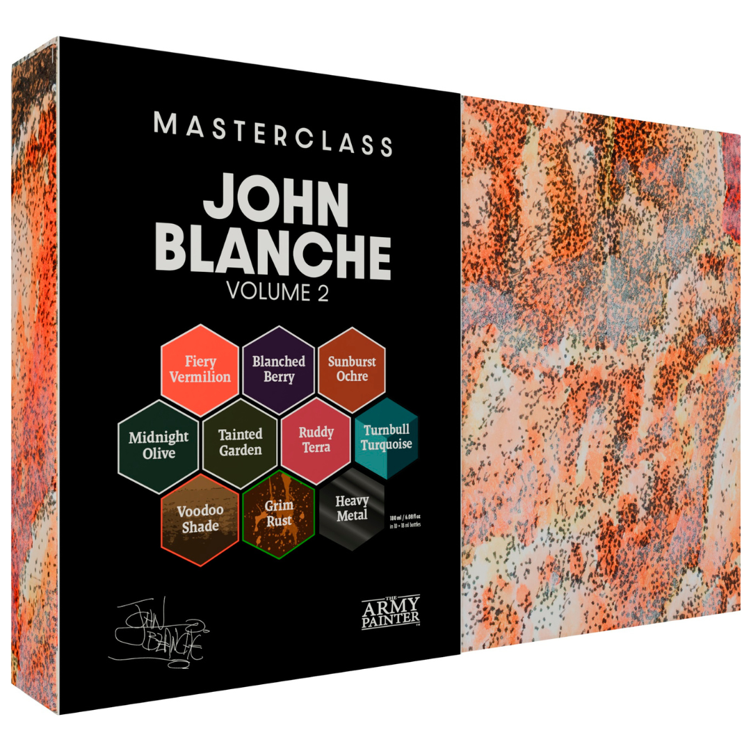 Army Painter Masterclass John Blanche Paint Set Volume 2 featuring 9 unique paints, a painting guide, and an exclusive gothic-style art print.