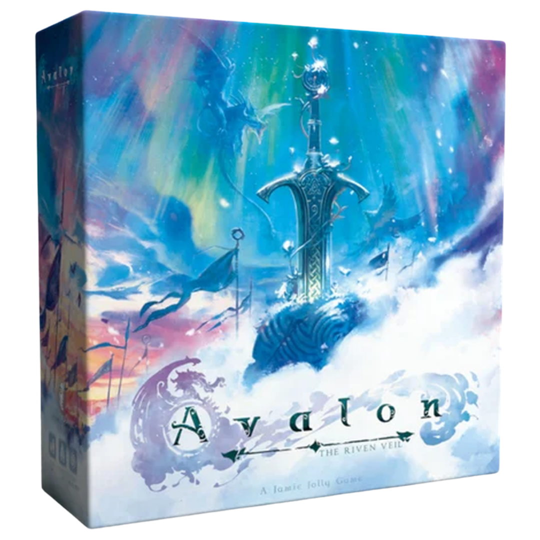 Avalon: The Riven Veil box front with Arthurian artwork, the retail version from Shadowborne Games.
