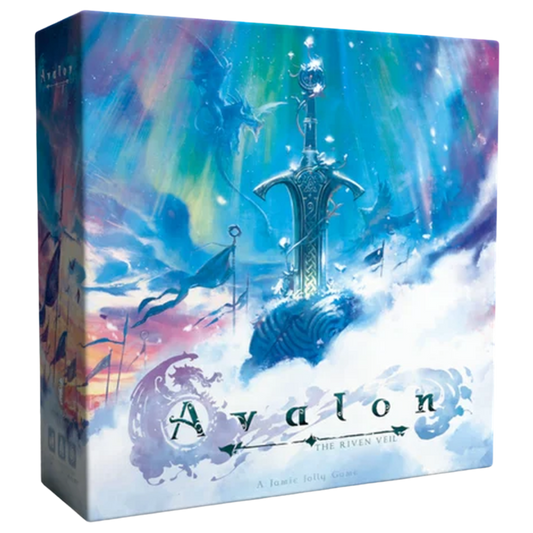 Avalon: The Riven Veil box front with Arthurian artwork, the retail version from Shadowborne Games.
