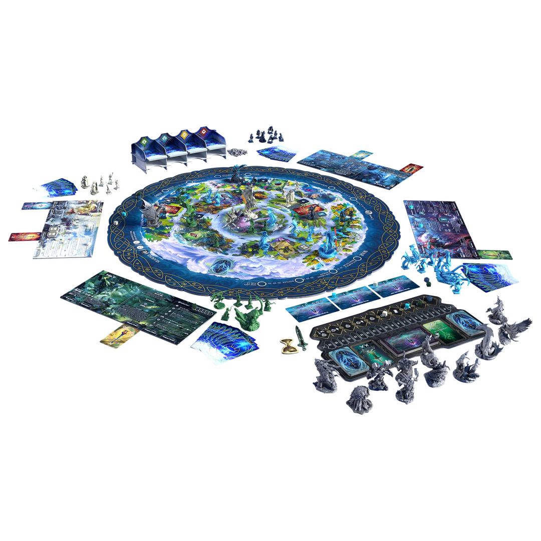 Avalon: The Riven Veil components: the isle game board, faction standees, mythical beasts and Lord miniatures.