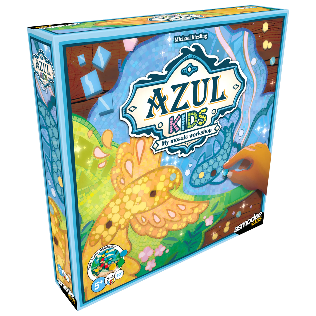 Azul Kids box front with colourful animal mosaic artwork, the bilingual edition from Asmodee Kids.
