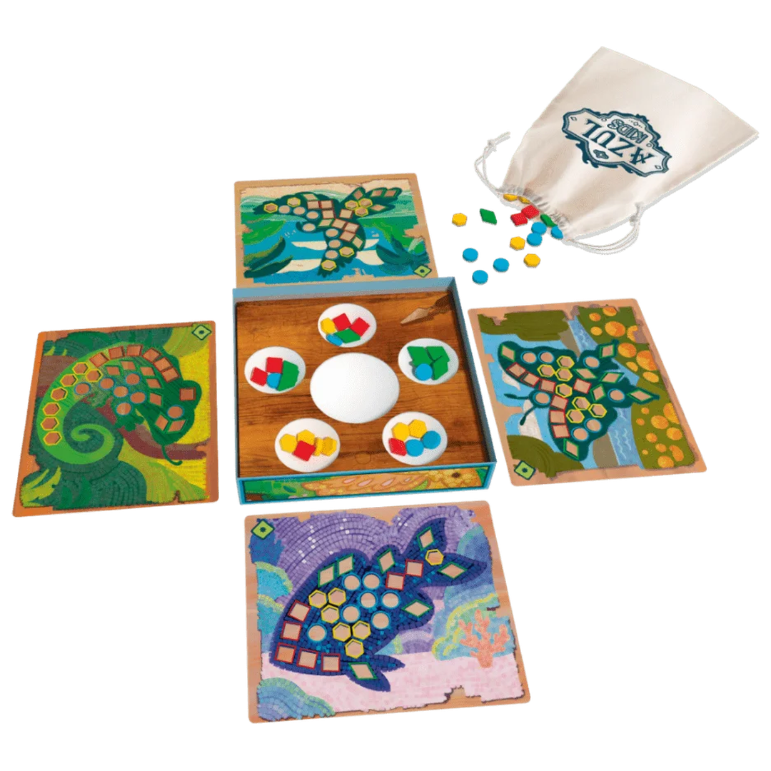 Azul Kids components: double-sided animal mosaic boards, mosaic pieces, central supply and cloth bag.
