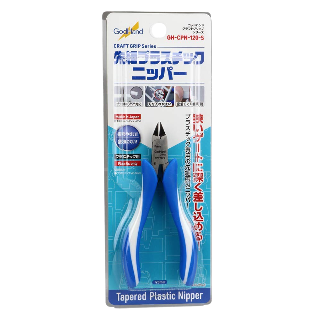 Godhand Craft Grip Series Tapered Plastic Nippers CPN-120-S, precision tool with slim blade design and ergonomic grip for intricate model building.