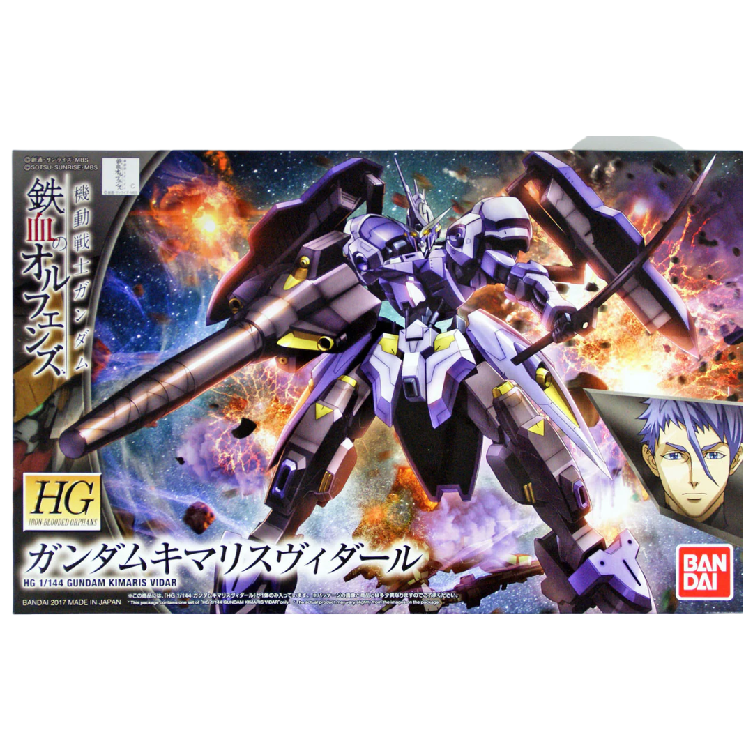 Bandai HG Gundam Kimaris Vidar model kit from Mobile Suit Gundam Iron-Blooded Orphans, featuring detailed parts, articulation, and signature weapons.