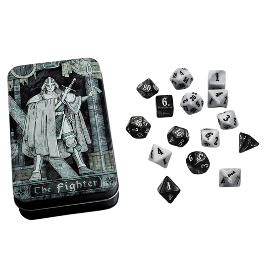 beadle and grimms the fighter dice set box and dice shown