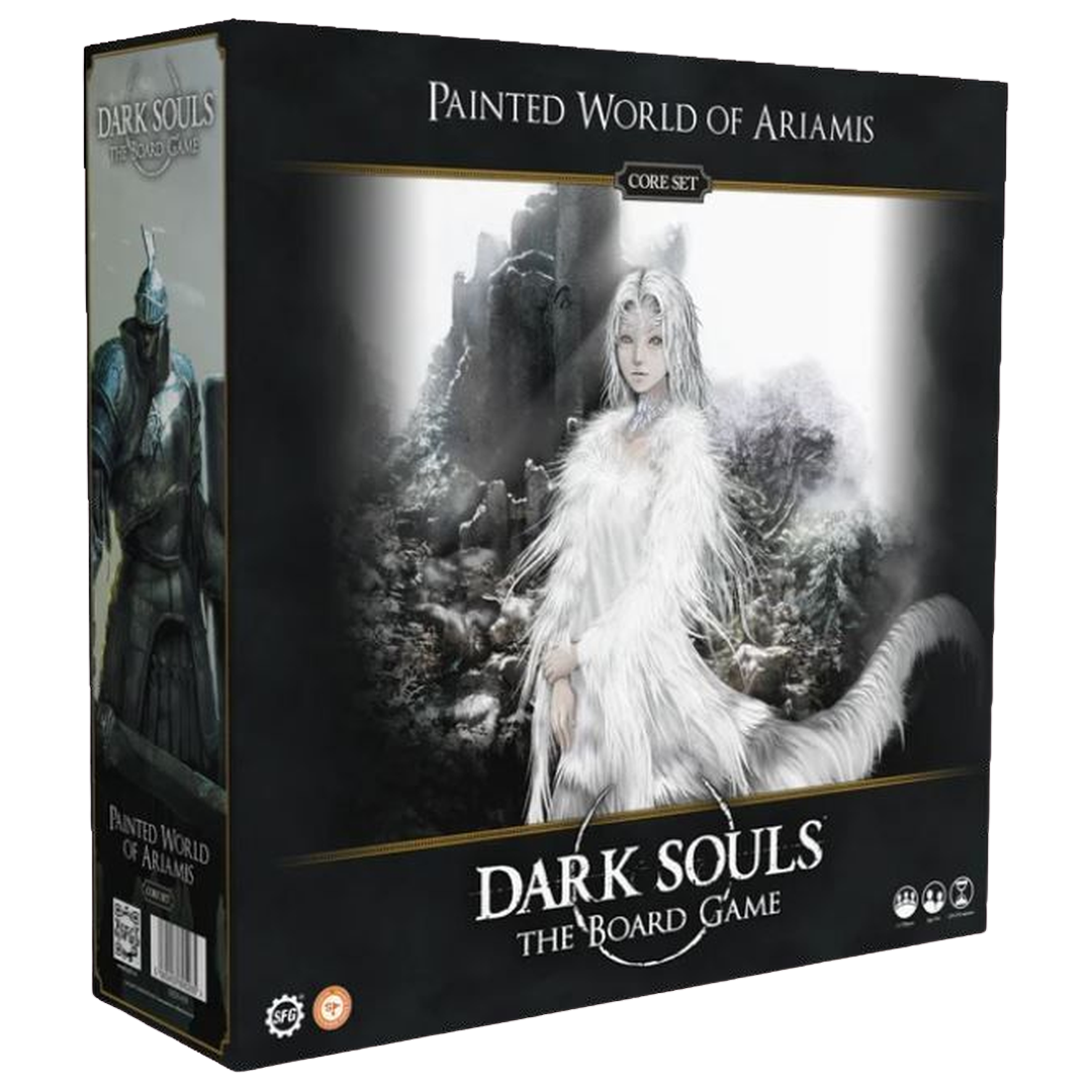 Dark Souls: The Board Game - Painted World of Ariamis box front with Crossbreed Priscilla artwork.