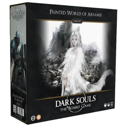 Dark Souls: The Board Game - Painted World of Ariamis box front with Crossbreed Priscilla artwork.