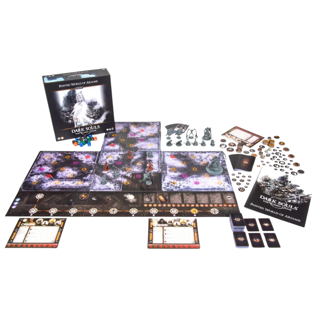 Painted World of Ariamis components: game tiles, character and boss miniatures, cards and dice.
